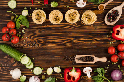 Directly above shot of fruits and vegetables on table