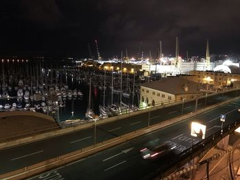 High angle view of illuminated city at night