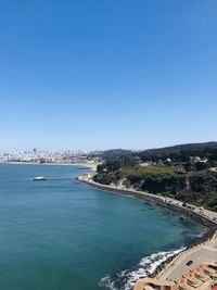 Scenic view of sea against clear blue sky