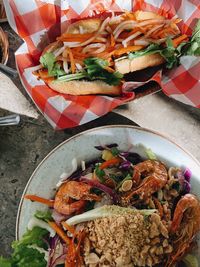 High angle view of food in plate on table