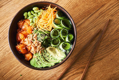 High angle view of meal served in bowl on table