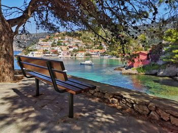 Empty chairs and table by swimming pool against trees