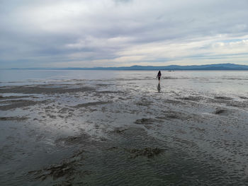 Scenic view of sea against sky person walking on beach