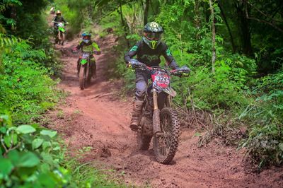 Rear view of people riding on dirt road