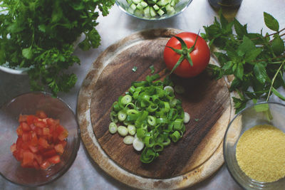 Directly above shot of fresh vegetables on kitchen counter