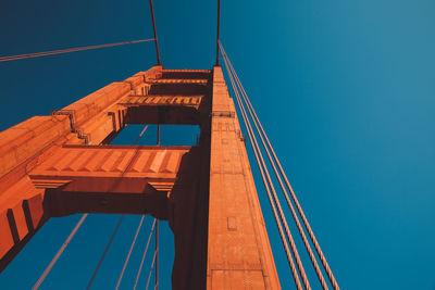 Low angle view of suspension bridge against clear blue sky