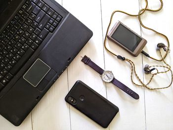 High angle view of objects on table