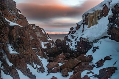 Scenic view of snowcapped mountains against sky during sunset