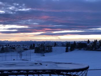 Scenic view of snowcapped mountains against sky during sunset