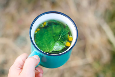 Hot herbal tea in teacup outdoors