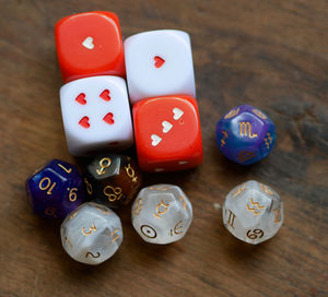 Close-up of dices on table