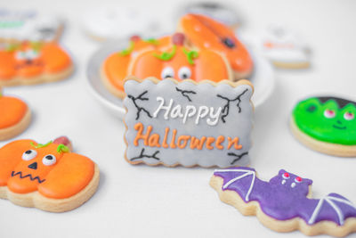 High angle view of cookies in plate on table