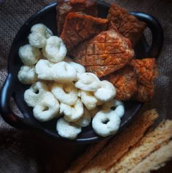 High angle view of breakfast served on table