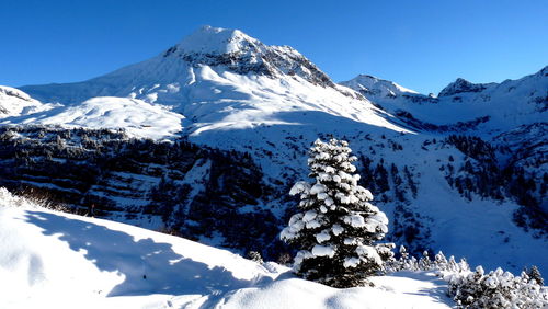 Scenic view of snow covered mountains