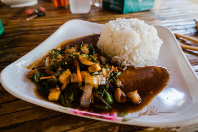 High angle view of food served in plate