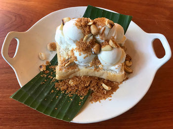 High angle view of breakfast served on table