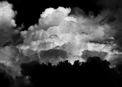 Low angle view of silhouette trees against storm clouds