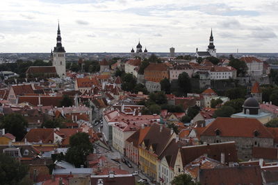 High angle view of spires and buildings in an old medieval town