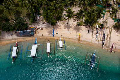 High angle view of boats moored in sea against palm trees