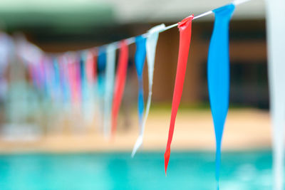 Close-up of multi colored clothespins hanging on clothesline