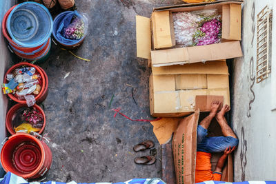 Low section of person working on wood