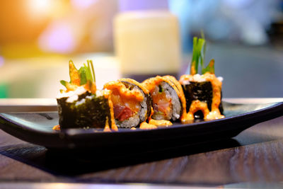 Close-up of seafood in plate on table