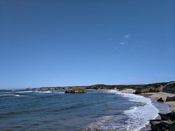 Scenic view of sea against clear blue sky