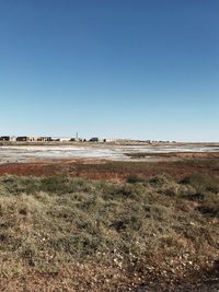 Scenic view of desert against clear blue sky