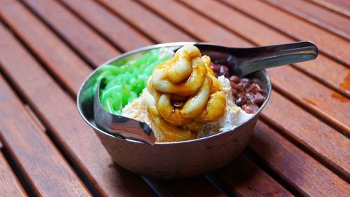 High angle view of dessert in bowl on table