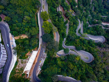 High angle view of road amidst trees