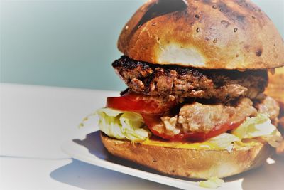 Close-up of burger in plate