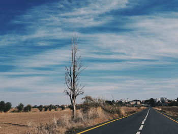 Road amidst bare trees against sky