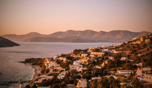 High angle view of town at seaside