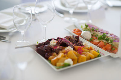 High angle view of seafood in plate on table