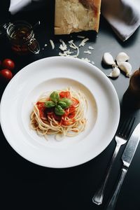 High angle view of meal served on table