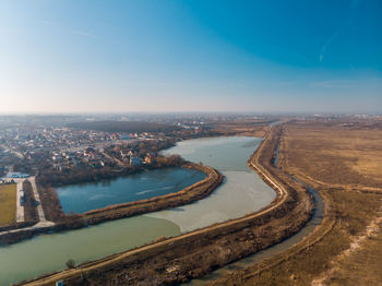 Aerial landscape of the dambovita river close to morii lake, bucharest, romania.