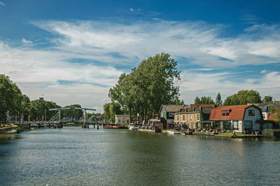 Scenic view of river by buildings against sky