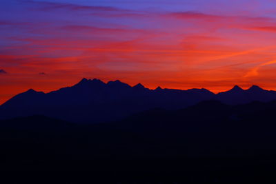 Scenic view of silhouette mountains against sky at sunset