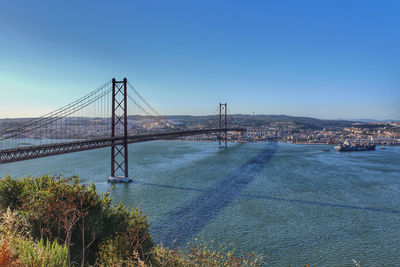 View of suspension bridge over river