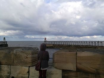 Rear view of man standing on beach against sky