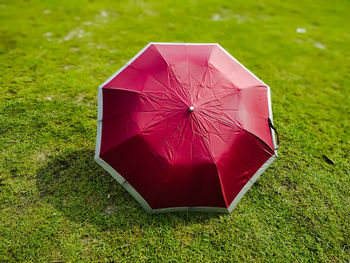 High angle view of maroon umbrella on field