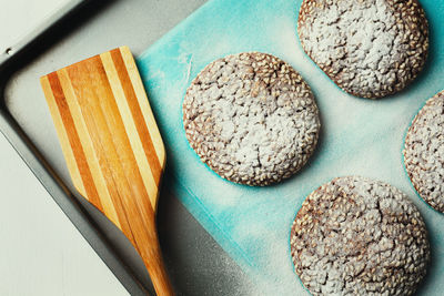 High angle view of breakfast on table