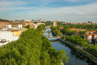 Aerial view of the manzanares river in the center of madrid, spain