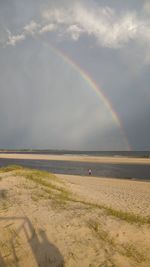 Scenic view of beach against rainbow in sky