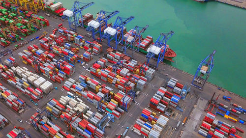 High angle view of container ship at harbor