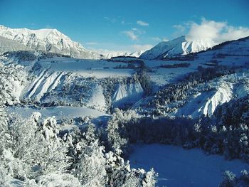 Scenic view of snow covered mountains against sky