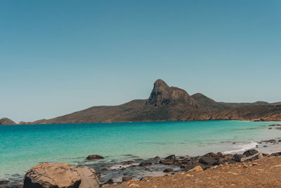 Scenic view of sea against clear blue sky