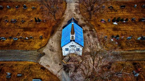 High angle view of a church in the middle of the cementery 