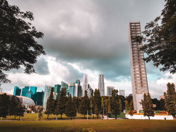 Low angle view of buildings against cloudy sky