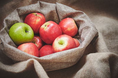 High angle view of apples in container